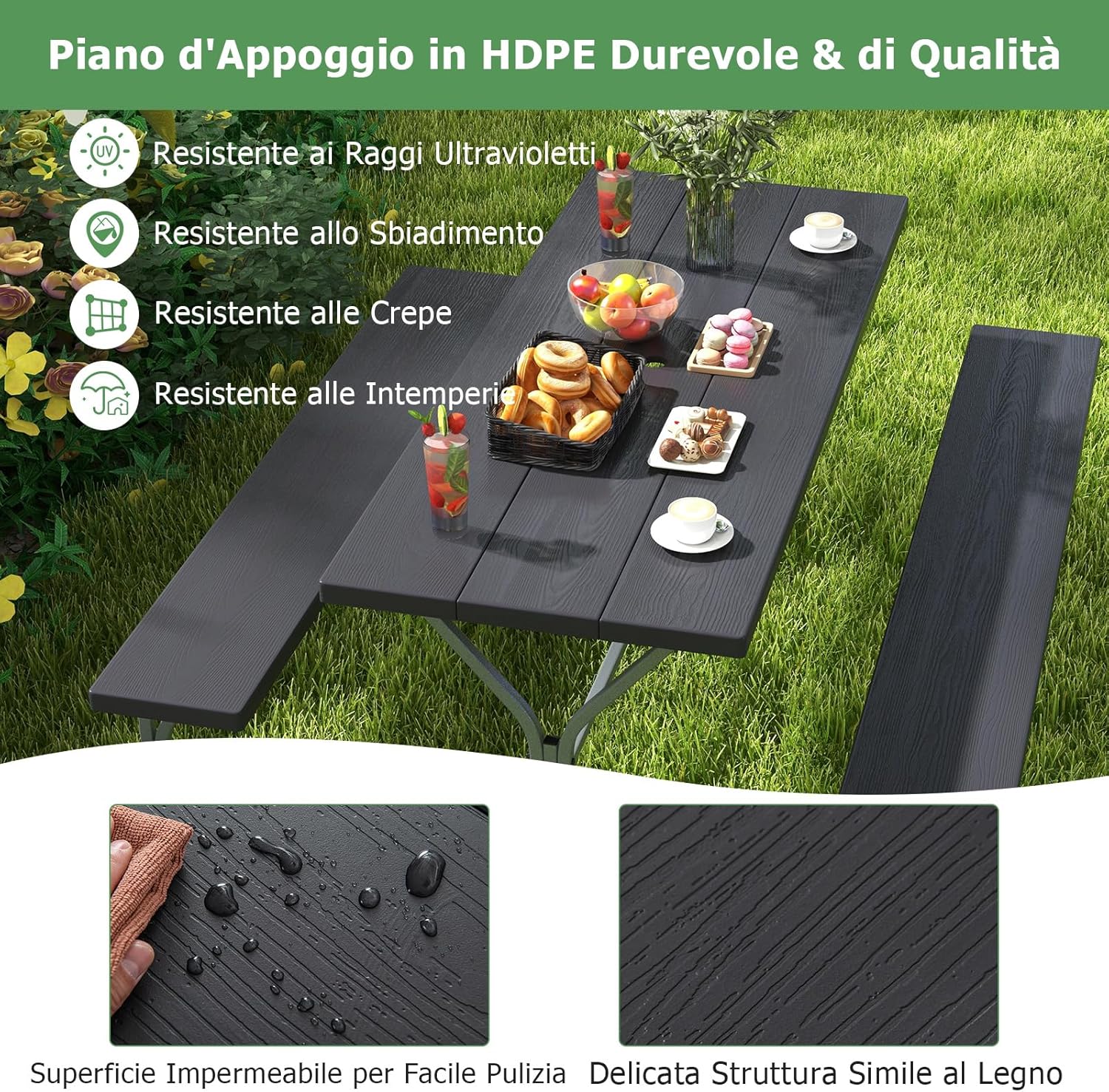 Set Tavolo da Picnic con Panca da 183 cm, Tavolo da Campeggio con 2 Panche per 8 Persone, Foro per Ombrellone, per Giardino, Campeggio, terrazza, Portato Totale 650 kg (Nero)