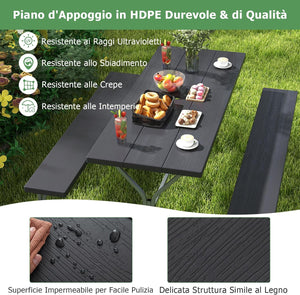 Set Tavolo da Picnic con Panca da 183 cm, Tavolo da Campeggio con 2 Panche per 8 Persone, Foro per Ombrellone, per Giardino, Campeggio, terrazza, Portato Totale 650 kg (Nero)