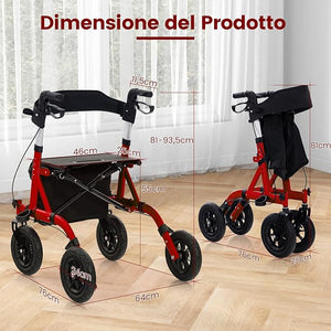 Deambulatore con Seduta 2 in 1, Rollator Pieghevole per Anziani con 4 Ruote, Maniglie Regolabili in Altezza 81-94cm, Portaombrelloni e Borsa Portaoggetti, Carico Massimo 160 kg (Rosso)