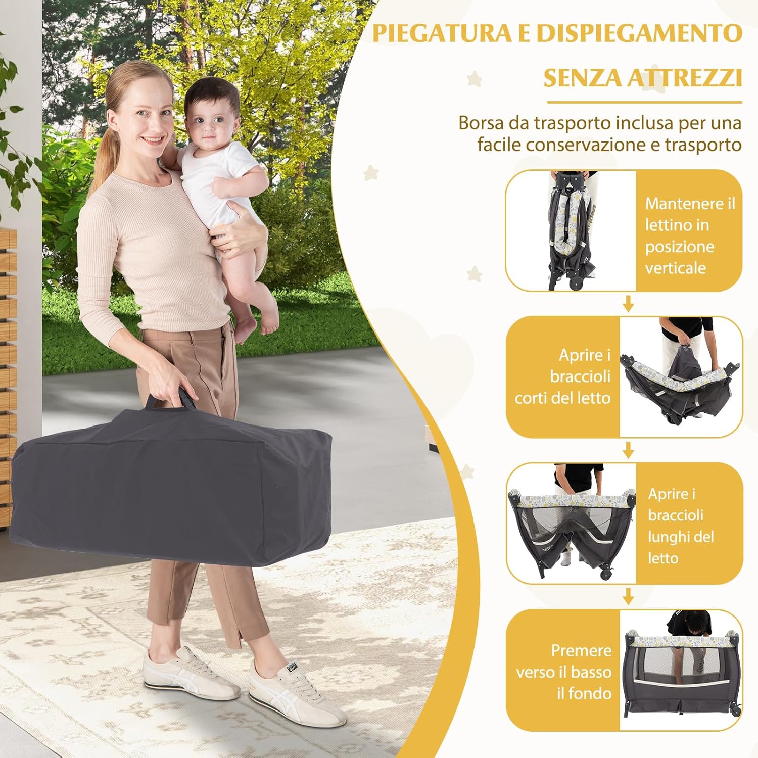 4 in 1 Lettino da Campeggio con Fasciatoio, Lettino Pieghevole per Bambini con Materasso, Centro Neonati con Culla, Box Musicale, Cappottina Regolabile, Borsa da Viaggio (Foglie)