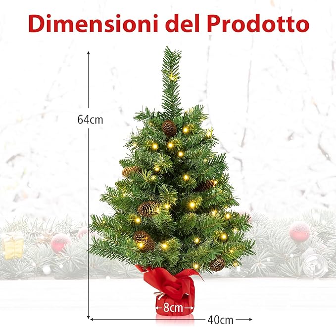 Albero di Natale Piccolo 64 cm con Luci, Mini Albero di Natale da Tavolo con 50 Luci LED 8 Modalità di Illuminazione 8 Pigne e Base in Cemento, Albero Artificiale Piccolo da Casa Ufficio