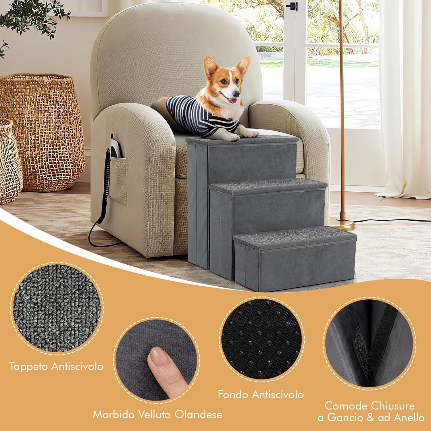 Scala per Cani, Rampe Pieghevole Antiscivolo per Animali Domestici con Scomparti di Stoccaggio per Giocattoli e Spuntini per Letti e Divani, Grigio (39 x 51 x 45cm)