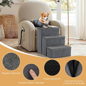 Scala per Cani, Rampe Pieghevole Antiscivolo per Animali Domestici con Scomparti di Stoccaggio per Giocattoli e Spuntini per Letti e Divani, Grigio (39 x 51 x 45cm)