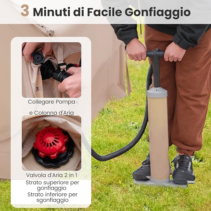 Tenda da Campeggio Gonfiabile, Tenda Gonfiabile Impermeabile per 4-6 Persone con Pompa, Finestre in Rete, 2 Porte e borsa da Trasporto, per Campeggio e Picnic, 300 x 210 x 200 cm
