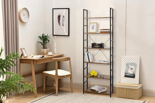 Scaffale ad Angolo Multifunzionale Libreria Scaletta con 6 Ripiani Scaffalatura Portaoggetti Mobile Autoportante per Studio Sala Design Industriale Legno vintage 0011ZWJ