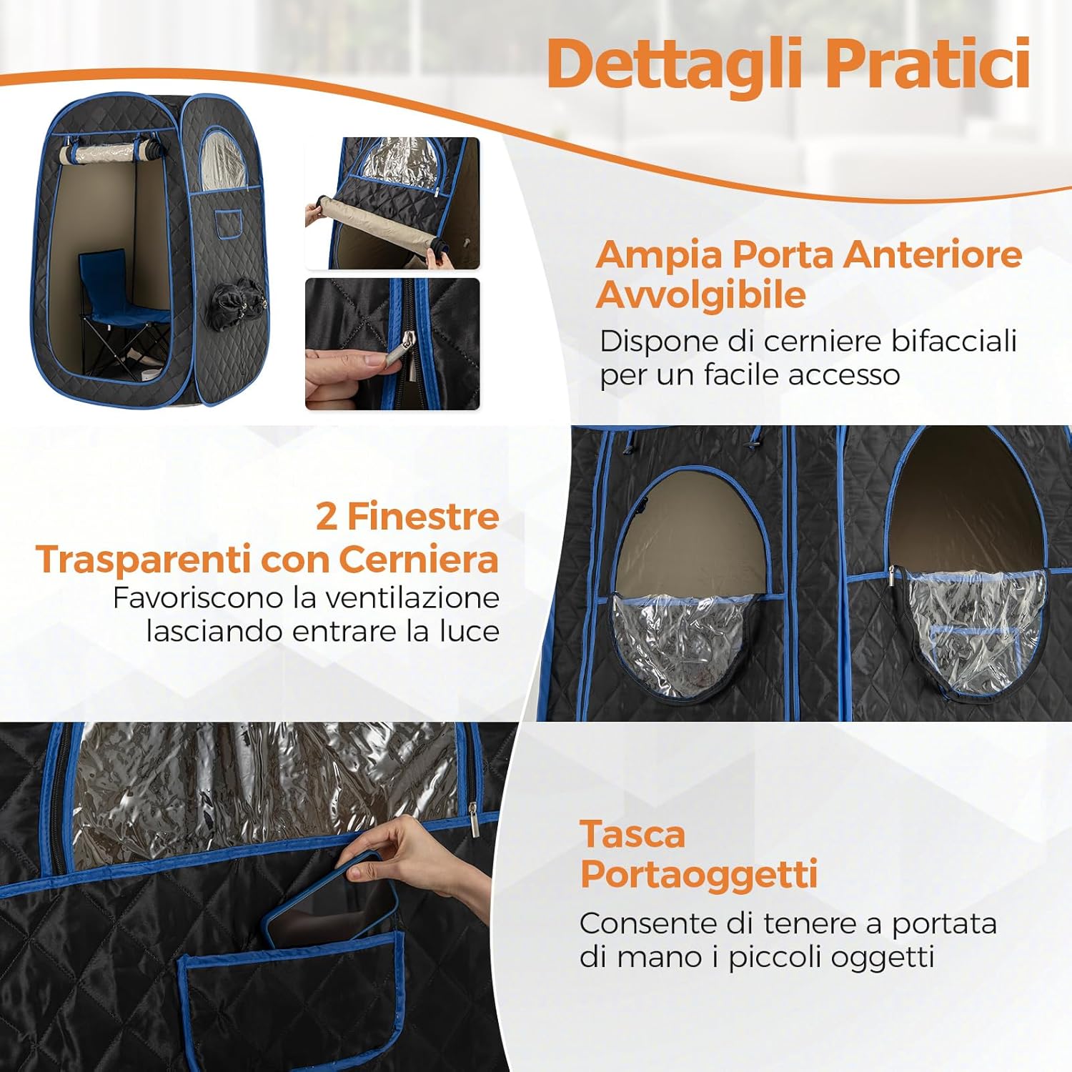 Sauna a Vapore Portatile 3L, Sauna da Casa con 9 Livelli di Regolazione della Temperatura da 40-65℃, Telecomando, Sedia Pieghevole e Massaggiatore per Piedi in Legno (Nero)