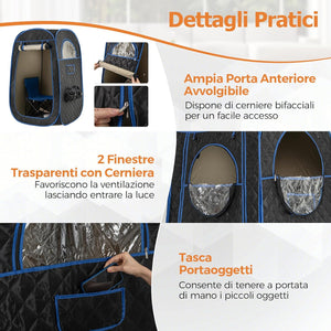 Sauna a Vapore Portatile 3L, Sauna da Casa con 9 Livelli di Regolazione della Temperatura da 40-65℃, Telecomando, Sedia Pieghevole e Massaggiatore per Piedi in Legno (Nero)