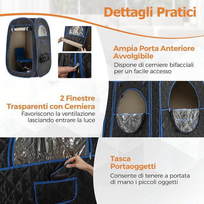 Sauna a Vapore Portatile 3L, Sauna da Casa con 9 Livelli di Regolazione della Temperatura da 40-65℃, Telecomando, Sedia Pieghevole e Massaggiatore per Piedi in Legno (Nero)