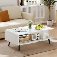 Tavolino da Caffè a 2 Livelli, Tavolino Moderno con Gambe in Metallo e Ripiano, Tavolo Centrale Rettangolare per Soggiorno, Studio e Ufficio (Bianco)