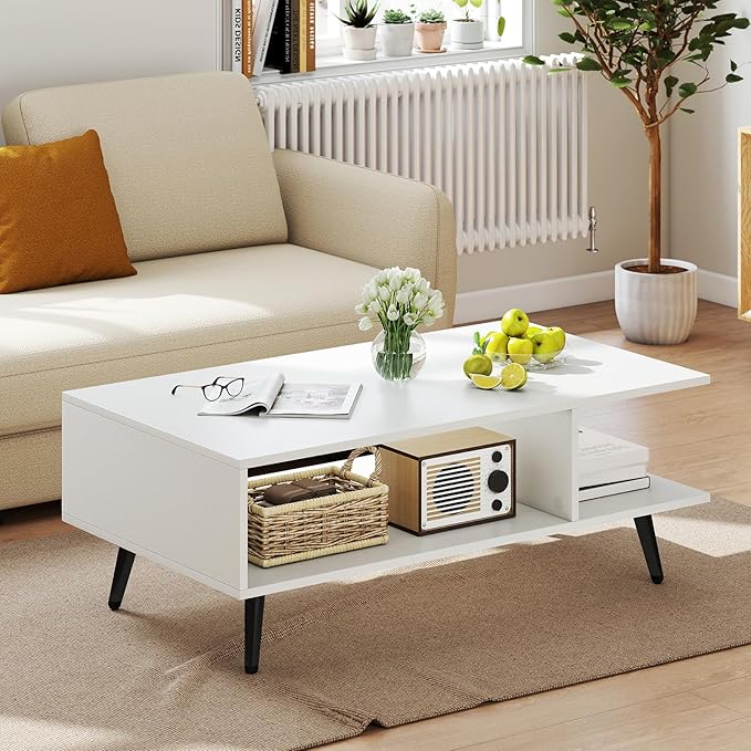 Tavolino da Caffè a 2 Livelli, Tavolino Moderno con Gambe in Metallo e Ripiano, Tavolo Centrale Rettangolare per Soggiorno, Studio e Ufficio (Bianco)