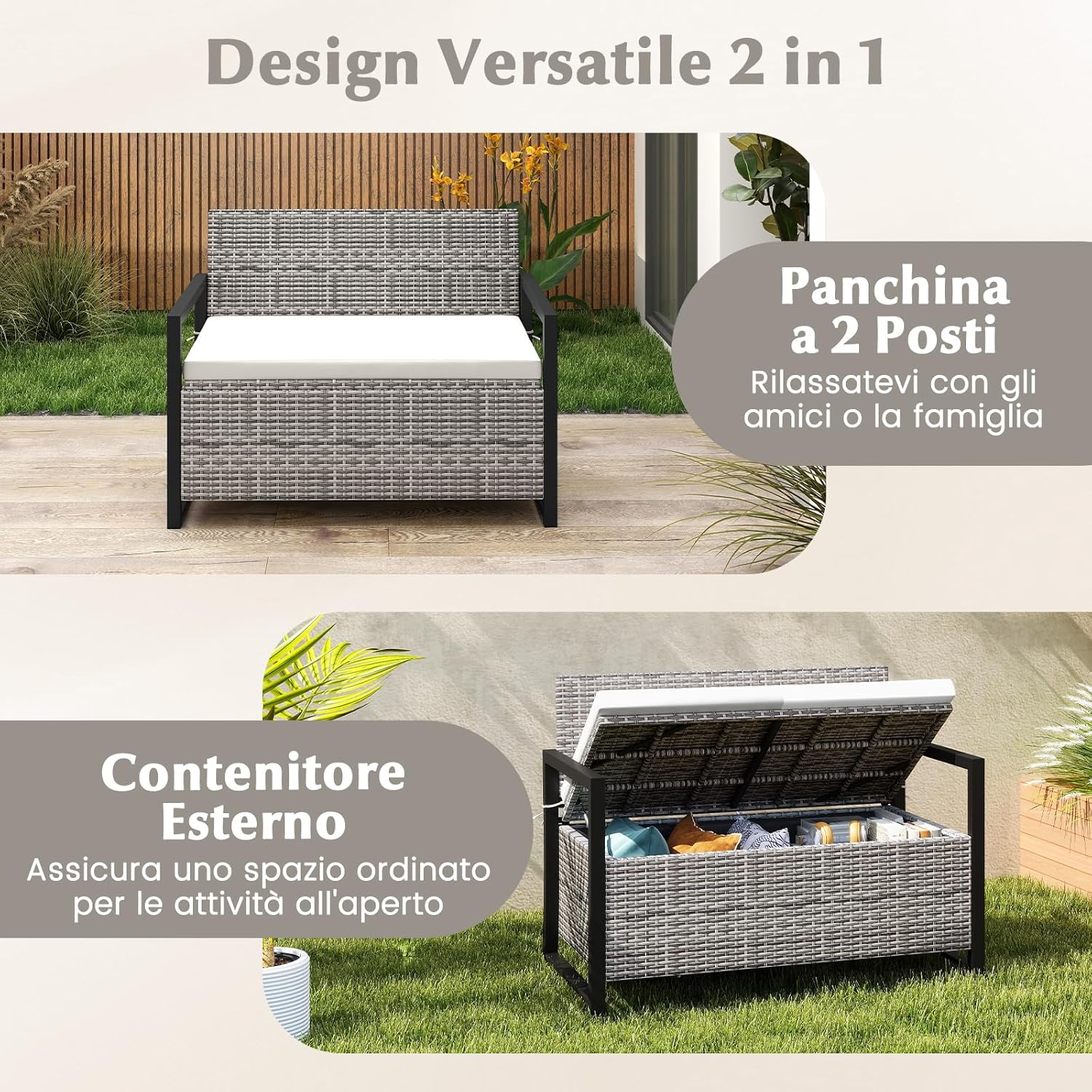 Panchina da Esterno in Rattan PE 117 x 62 x 85 cm, Cassapanca Contenitore da Esterno con Cuscino, Telaio in Metallo, Spazio di Stoccaggio e Fodera Protettiva per Patio, Bordo Piscina e Balcone