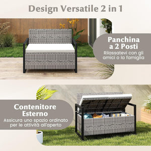 Panchina da Esterno in Rattan PE 117 x 62 x 85 cm, Cassapanca Contenitore da Esterno con Cuscino, Telaio in Metallo, Spazio di Stoccaggio e Fodera Protettiva per Patio, Bordo Piscina e Balcone