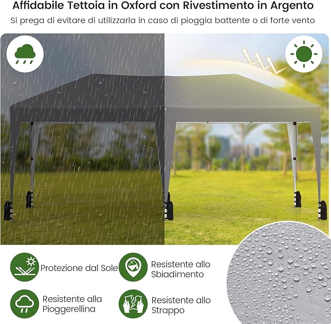 Gazebo Pop-up da Esterno 590 x 300 cm, Gazebo Regolabile in Altezza con Borsa con Ruote, Picchetti, Ancoraggi, Corde Antivento e Sacchi di Sabbia, Tenda Pieghevole per Campeggio (Grigio)