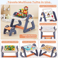 2 in 1 Set Tavolo e Cavalletto per Bambini, Tavolo Multiattività con Sedia e Piano Reversibile, Set Tavolo Attività con 160 Blocchi da Costruzione, 84x58x55 cm