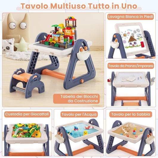 2 in 1 Set Tavolo e Cavalletto per Bambini, Tavolo Multiattività con Sedia e Piano Reversibile, Set Tavolo Attività con 160 Blocchi da Costruzione, 84x58x55 cm