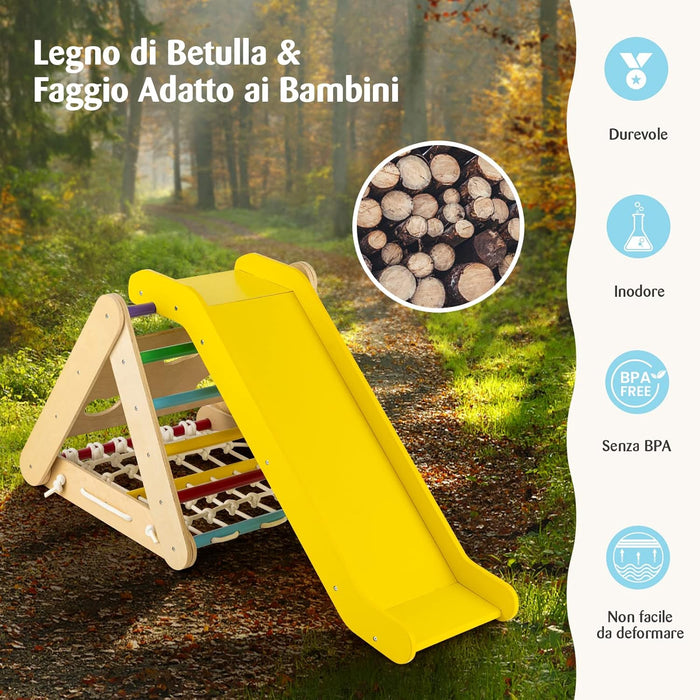 Set 4 in1 Arrampicata per Bambini, Arrampicata a Triangolo con Scivolo, Set di Arrampicata in Legno per Interni e Esterni con Rete di Arrampicata, Carico 50kg, 1 Anni+ (Colorato)