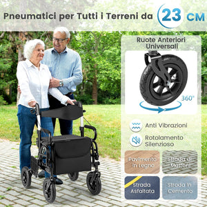 2 in 1 Deambulatore Pieghevole e Sedie a Rotelle per Anziani in Alluminio, Rollator Altezza Regolabile con Seduta e Freni, Girello per Anziani con Ruote Robuste, Carico Massimo 140 kg (Nero)