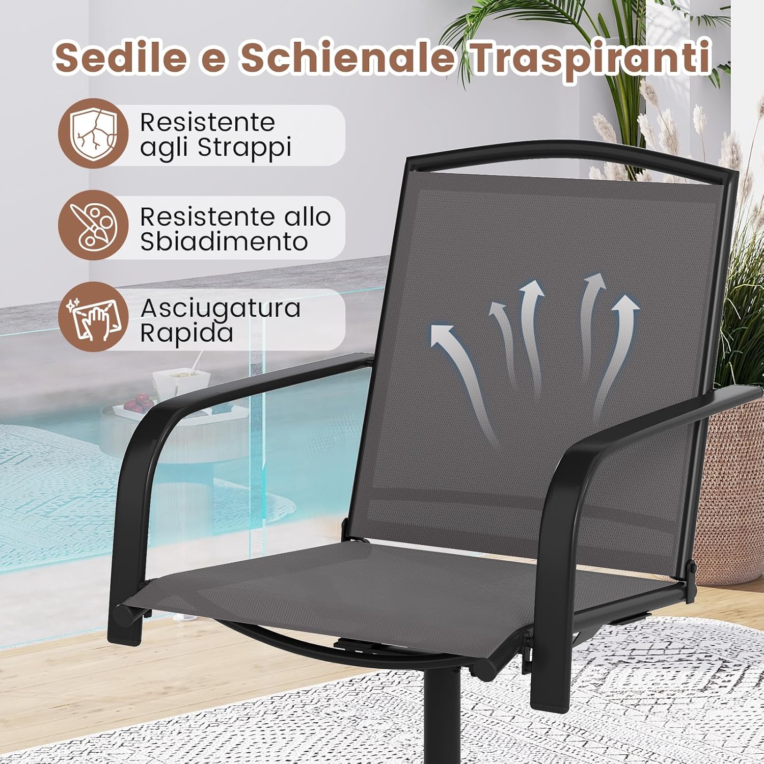 Set di 2 Sedie da Patio Girevoli, Poltrone a Dondolo in Rete a 360° con Schienale Alto e Base Rotonda in Metallo, Sedia a Dondolo Robuste per Giardino Balcone, Portata 150 kg (Grigio)