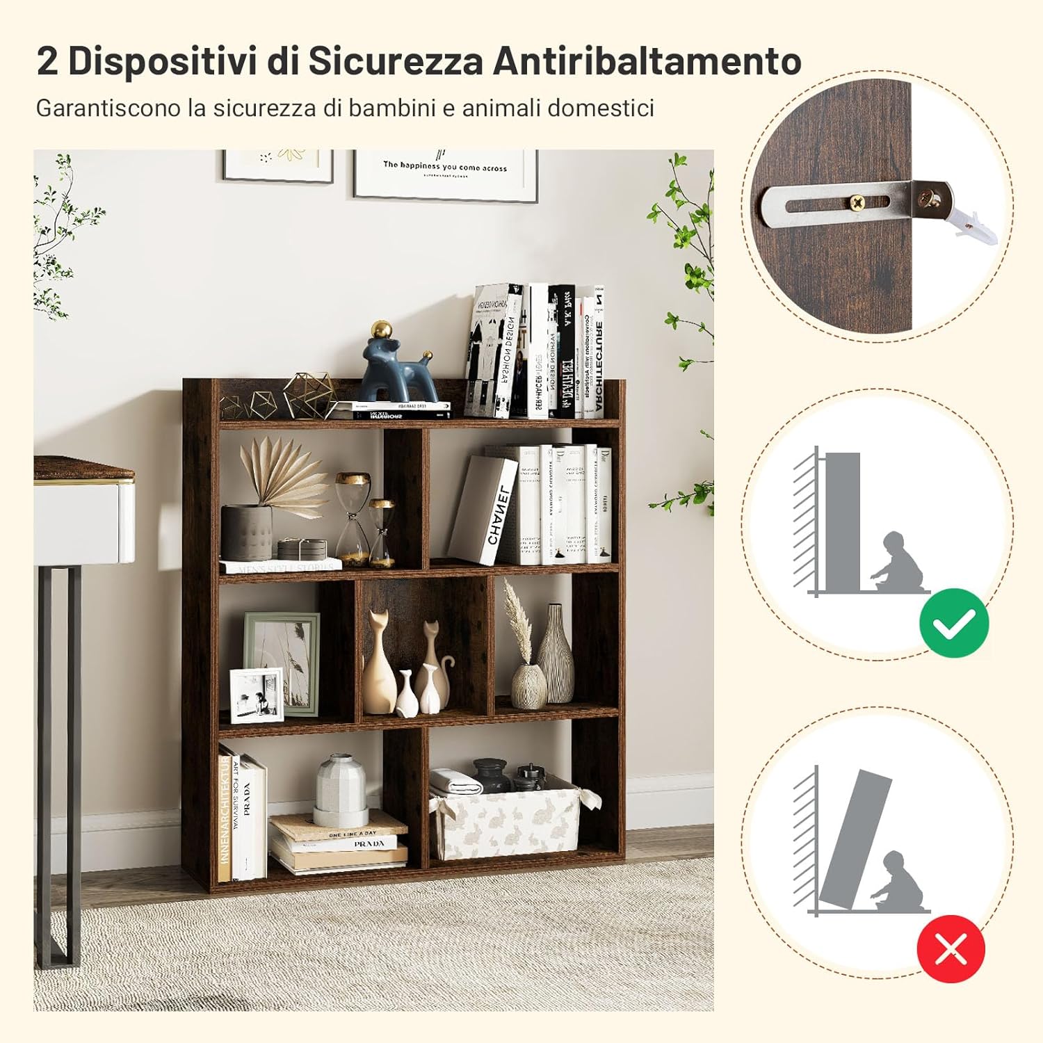 Libreria a Cubi con 7 Scomparti, Mensola Espositiva per l'Archiviazione, Libreria in Legno con Dispositivi Anti-Ribaltamento, per Studio Soggiorno, 80x20x90 cm (Caffè)