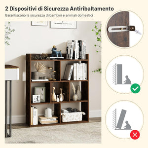 Libreria a Cubi con 7 Scomparti, Mensola Espositiva per l'Archiviazione, Libreria in Legno con Dispositivi Anti-Ribaltamento, per Studio Soggiorno, 80x20x90 cm (Caffè)