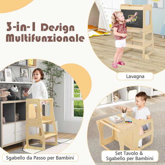 Torre per Bambini 3 in 1, Sgabello Montessori per Bambini con Lavagna, per Bambini 3 Anni +, Capacità di Carico 60 kg, 68 x 40 x 91 cm