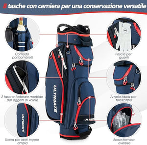Borsa da Golf Leggera e di Grande Capacità, Sacca da Golf con 14 Divisori, 8 Tasche, Cappuccio Antipioggia, Tracolla, Borsa Termica per Bevande, Ideale per Uomini e Donne (Blu)