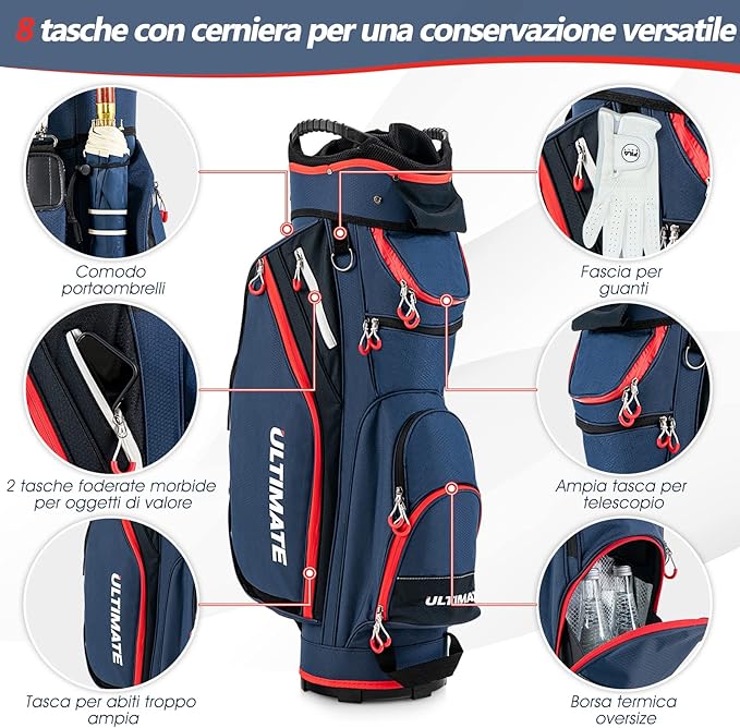 Borsa da Golf Leggera e di Grande Capacità, Sacca da Golf con 14 Divisori, 8 Tasche, Cappuccio Antipioggia, Tracolla, Borsa Termica per Bevande, Ideale per Uomini e Donne (Blu)