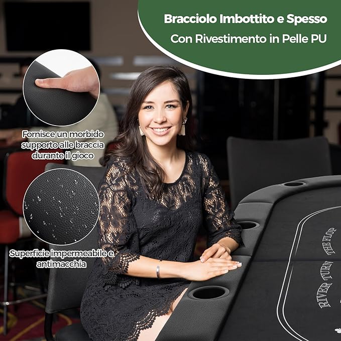 Tavolo da Poker Pieghevole 182 cm per 8 Giocatori, Tavolo da Gioco Ovalo con Supporti per Bicchieri, Rivestimenti Imbottiti, per Blackjack, Texas Hold’em, Giochi da Casinò (Nero)