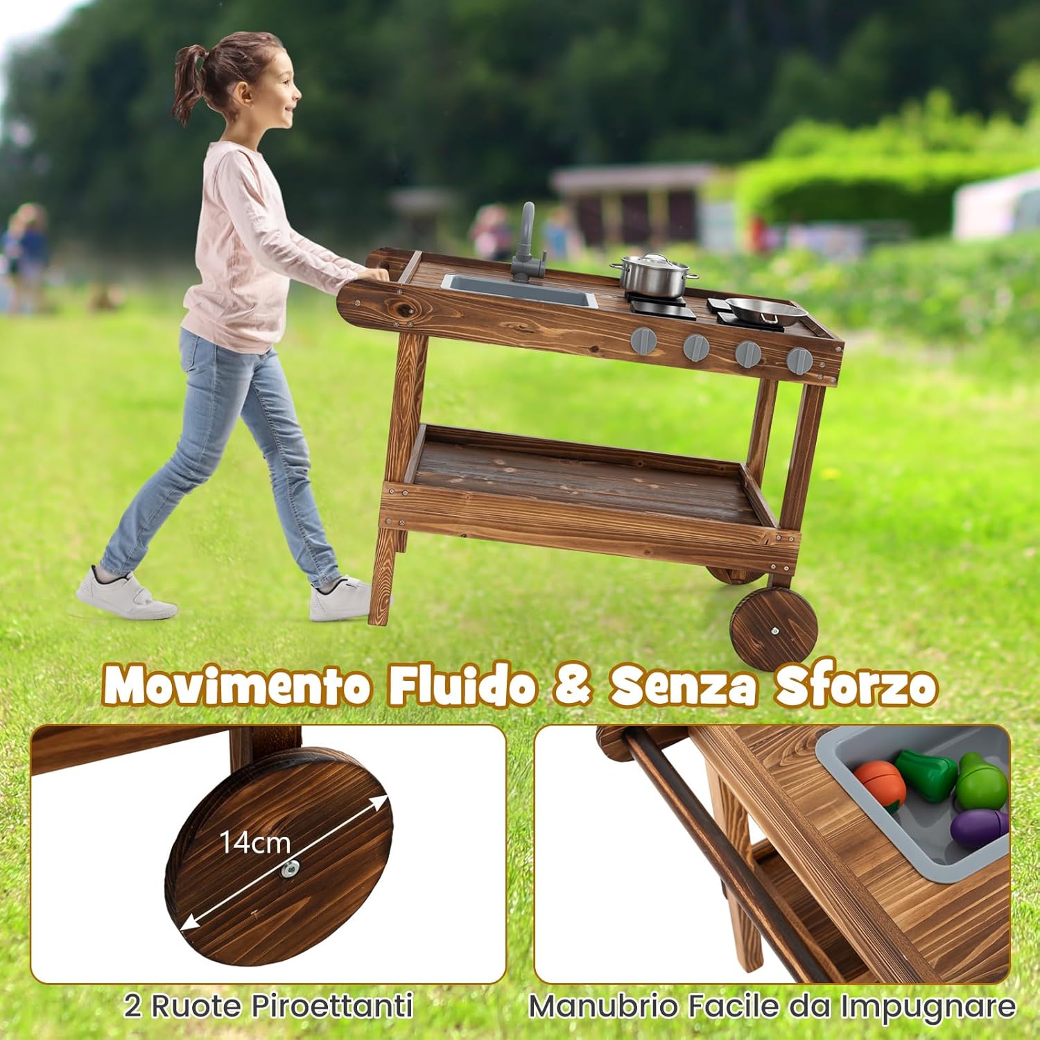 Cucina da Giardino Mobile, Cucina Giocattolo in Abete cinese per Bambini con Ruote Girevoli e Maniglia, Rubinetto e Lavandino Rimovibile, Fornelli e Manopole, Ideale per Bambini 3+ Anni