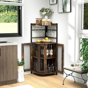 Mobile Bar Angolare, Mobiletto Multiuso con Porta Bicchieri, 2 Porte Ventilate in Rete Metallica e Ripiano Regolabile, per Cucina, Sala da Pranzo e Soggiorno (Marrone)