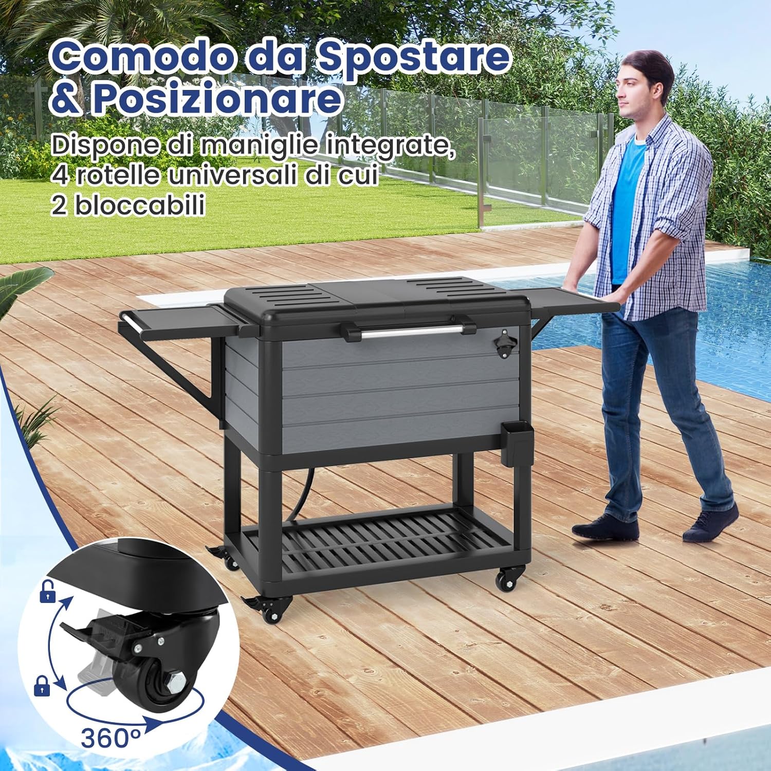 Carrello Porta Ghiaccio su Ruote 83 x 50 x 85 cm, Carrello Refrigerante con Ripiani di Stoccaggio e Apribottiglie, Portata 91 L, Frigorifero Portavivande da Esterno per Feste e Barbecue