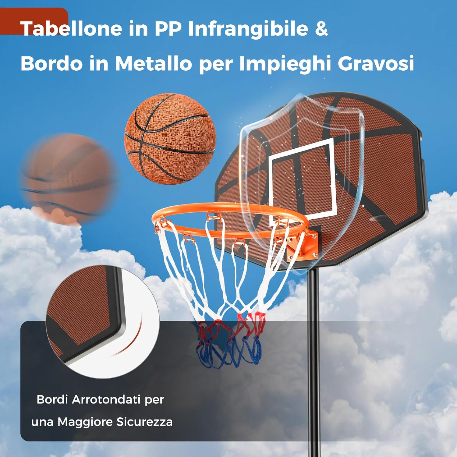 Canestro da Basket Portatile e Regolabile in Altezza da 172 a 200 CM, Canestro da Basket per Bambini da Esterno ed Interno con Tabellone Antiproiettile e Base Stabile Riempibile