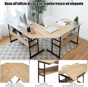 Scrivania Angolare 170 CM, Scrivania ad Angolo per Computer con Piano Inclinabile, Scaffale Inferiore e Supporto per CPU, Scrivania a Forma di L per Ufficio e Studio (Naturale)