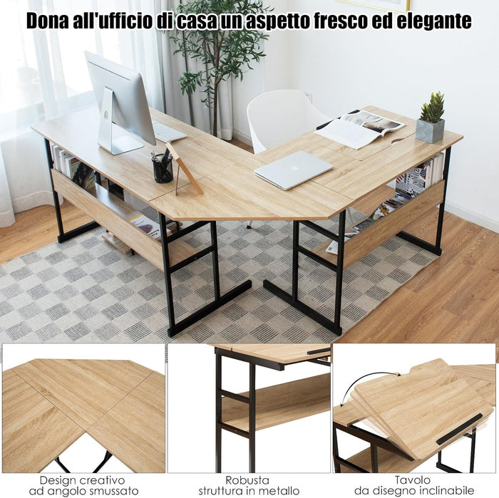 Scrivania Angolare 170 CM, Scrivania ad Angolo per Computer con Piano Inclinabile, Scaffale Inferiore e Supporto per CPU, Scrivania a Forma di L per Ufficio e Studio (Naturale)