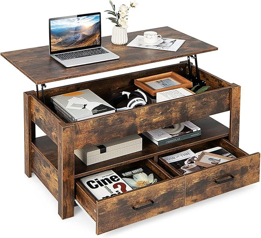 Tavolino da Caffè Sollevabile, Tavolino da Divano Industriale con 2 Cassetti, Vano Chiuso, Ripiano e Sistema di Sollevamento Pneumatico, Tavolino da Salotto, Studio e Ufficio