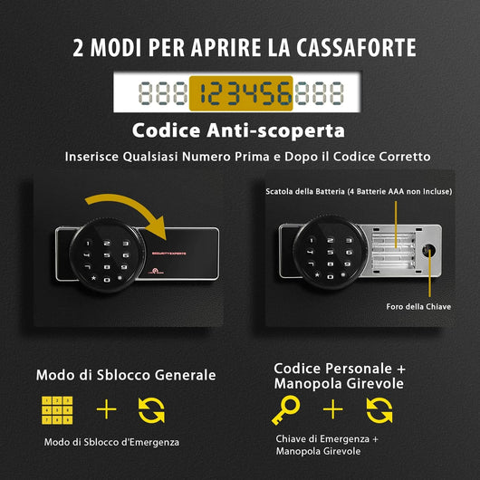 Cassaforte Elettronica, Cassetta di Sicurezza con Tastierino Numerico e Tastiera Digitali, in Acciaio, Ideale per Casa Ufficio e Azienda, Nero