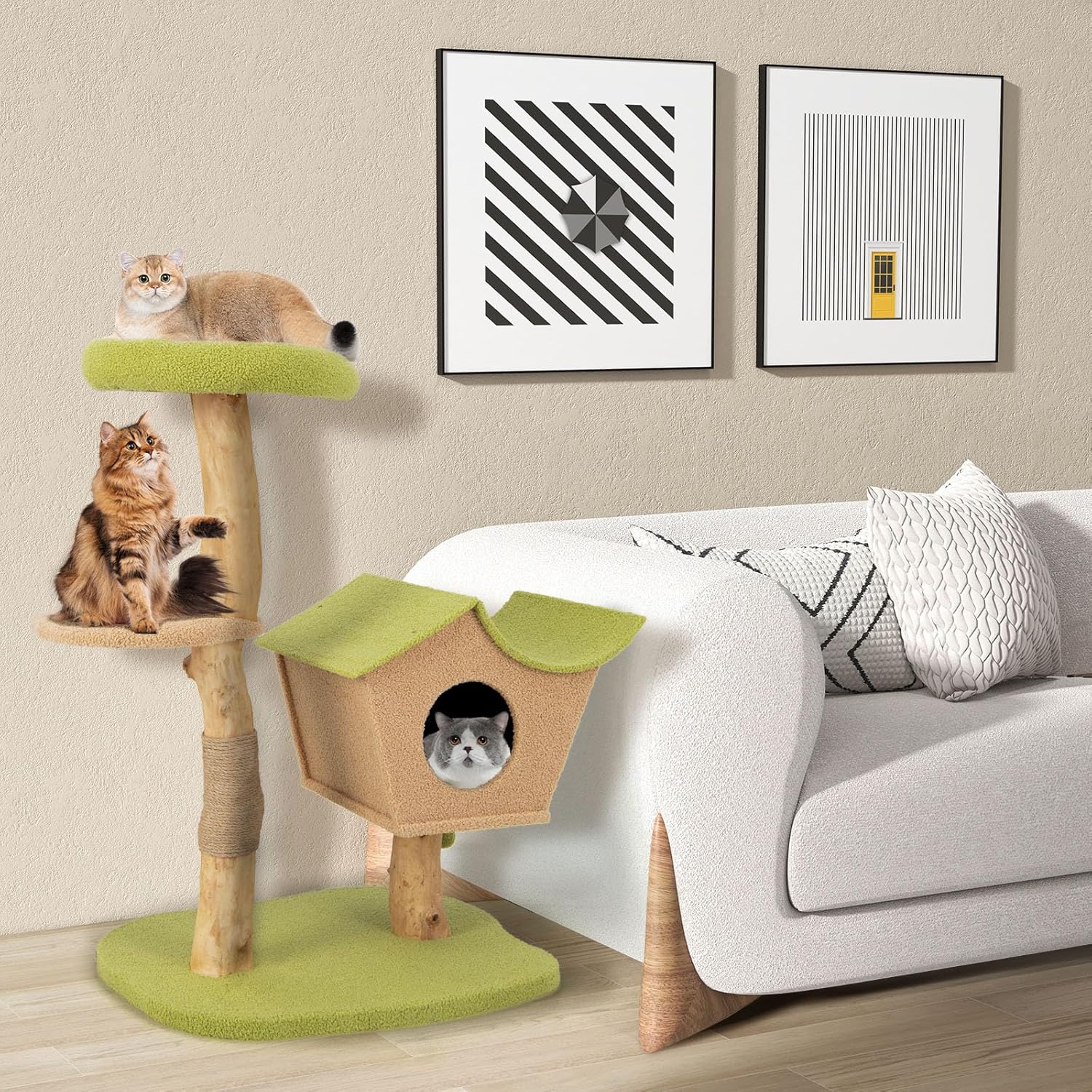 Albero per Gatti da 110 cm, Torre per Gatti in Legno con Cuccia Imbottita, Nicchia per Gatti, Tiragraffi, Piattaforma di Salto, Base Pesante e Palline Appese