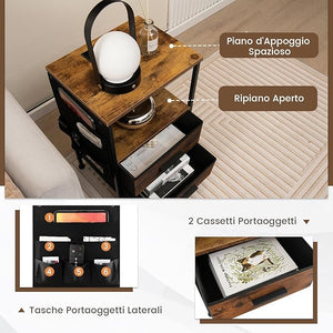 Tavolino con 2 Cassetti e 6 Tasche Laterali, Tavolino Versatile con Porte USB e Prese AC, Tavolino da Salotto e Camera da Letto, Marrone (38 x 30 x 60 cm, 1)