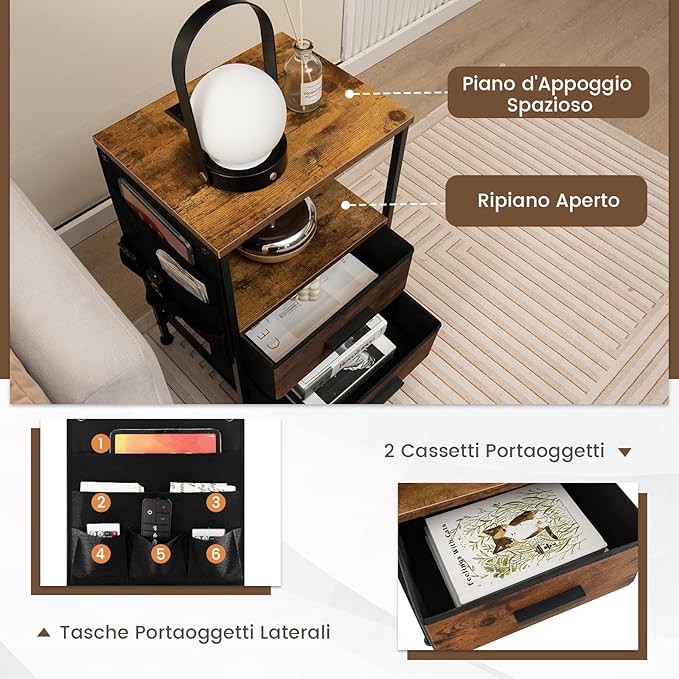 Tavolino con 2 Cassetti e 6 Tasche Laterali, Tavolino Versatile con Porte USB e Prese AC, Tavolino da Salotto e Camera da Letto, Marrone (38 x 30 x 60 cm, 1)
