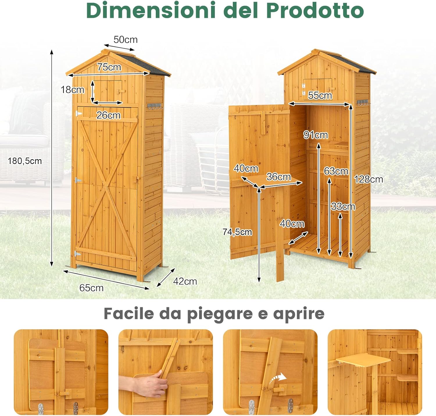 Casetta da Giardino in Legno, Capanno da Esterno con Serratura, Tavolino Pieghevole e Ganci, Armadio per Strumenti per Patio, Giardino e Cortile, 75 x 50 x 180,5 cm