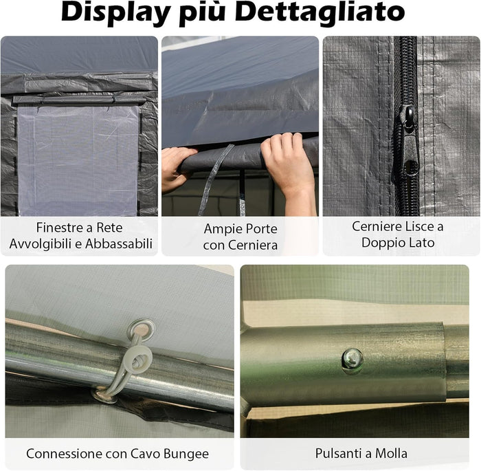 Tenda Garage per Auto Impermeabile, Cappanone Posto Auto con 4 Porte e 4 Finestre a Rete Arrotolabile, Tendone Multiuso a Pareti Laterali Rimovibile per Feste ed Eventi, 595 x 300 x 280 cm