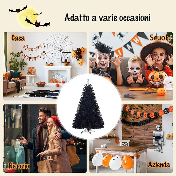 Albero di Natale Nero 180/225 cm, Albero di Natale con 1036/1258 Rami Folti e Base di Metallo con Cuscinetti Antiscivolo, Albero di Natale Realistico per Halloween (180x Ø112cm)