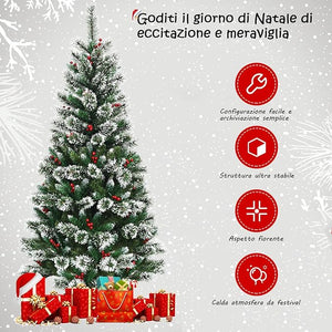 Albero di Natale Innevato 150/180/210/240 cm, Albero di Natale Artificiale con Rami, Bacche Rosse e Base di Metallo, Decorazione Natalizia per Casa, Negozio e Ufficio (180 CM)