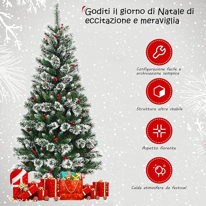 Albero di Natale Innevato 150/180/210/240 cm, Albero di Natale Artificiale con Rami, Bacche Rosse e Base di Metallo, Decorazione Natalizia per Casa, Negozio e Ufficio (180 CM)