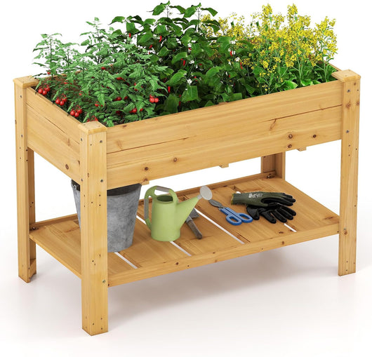 Letto per Orto Rialzato da Esterno in Legno di Abete, Fioriera Rialzata con Fori di Drenaggio e Ripiano Inferiore, Letto per Piante Urbano da Giardino e Patio, 120 x 60 x 82 cm (Naturale)