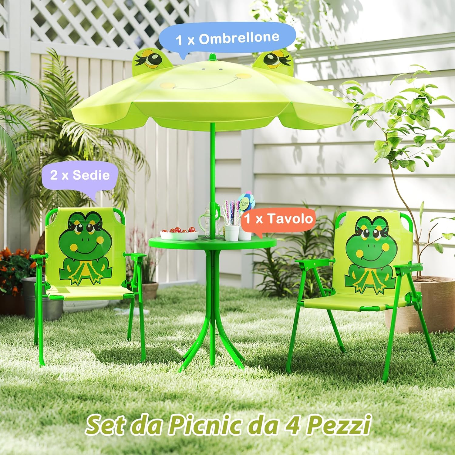Set Tavolo da Giardino Bambini con 2 Sedie Pieghevoli, Tavolino da Esterno con Ombrellone in Poliestere Regolabile in Altezza, Set Mobili da Giardino per Bambini 3-6 Anni (Rana, Verde Chiaro)