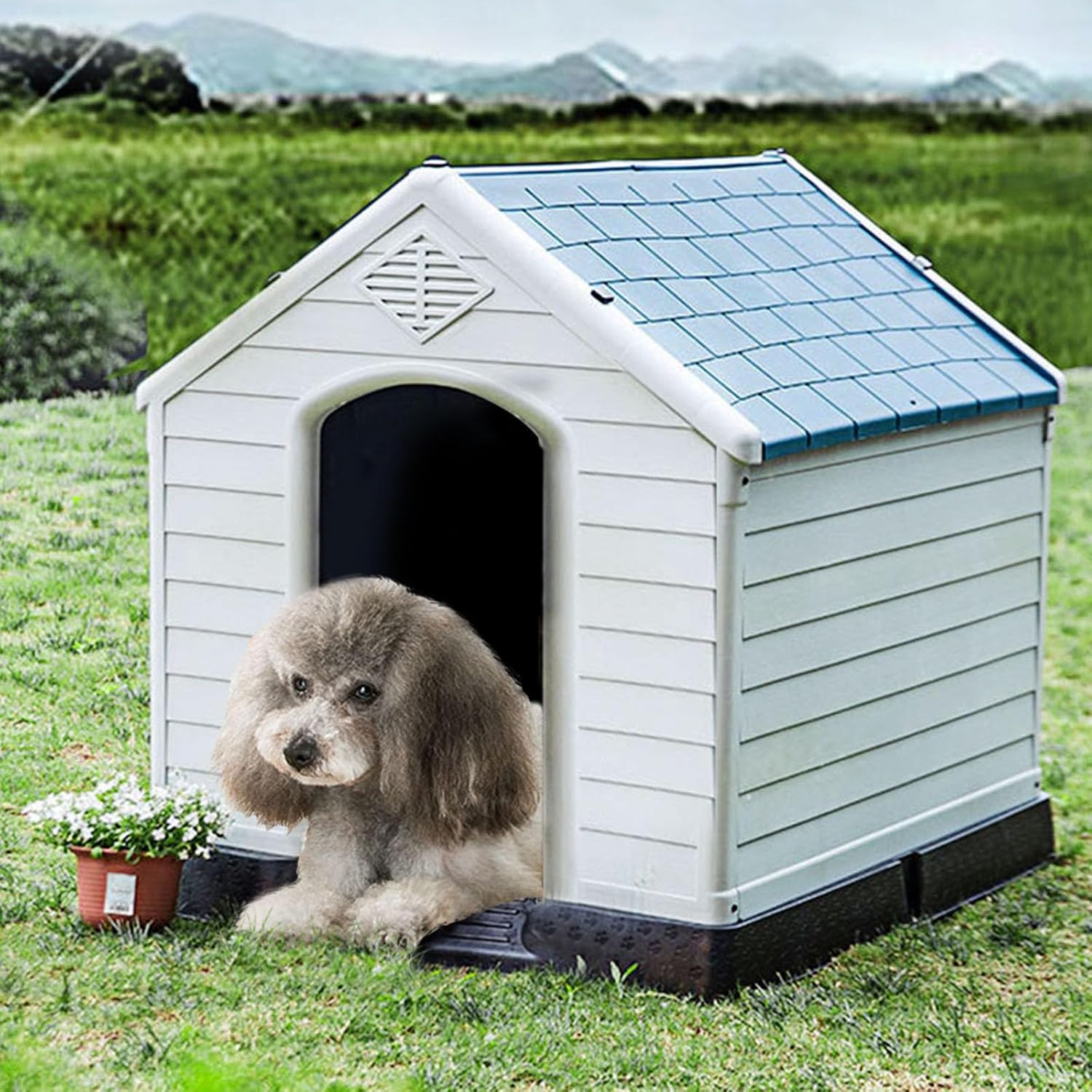 Cuccia per Cani da Esterno Impermeabile, Canile Villa per Cani in PP Resina, Bianco/Blu (69 x 64 x 71 cm)