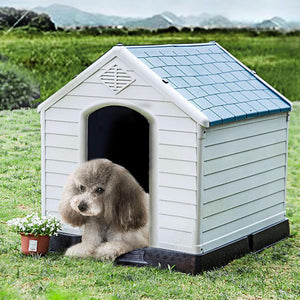 Cuccia per Cani da Esterno Impermeabile, Canile Villa per Cani in PP Resina, Bianco/Blu (69 x 64 x 71 cm)