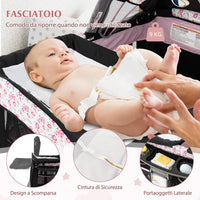 4 in 1 Lettino da Campeggio con Fasciatoio, Lettino Pieghevole per Bambini con Materasso, Centro Neonati con Culla, Box Musicale, Cappottina Regolabile, Borsa da Viaggio (Fiore Grande)