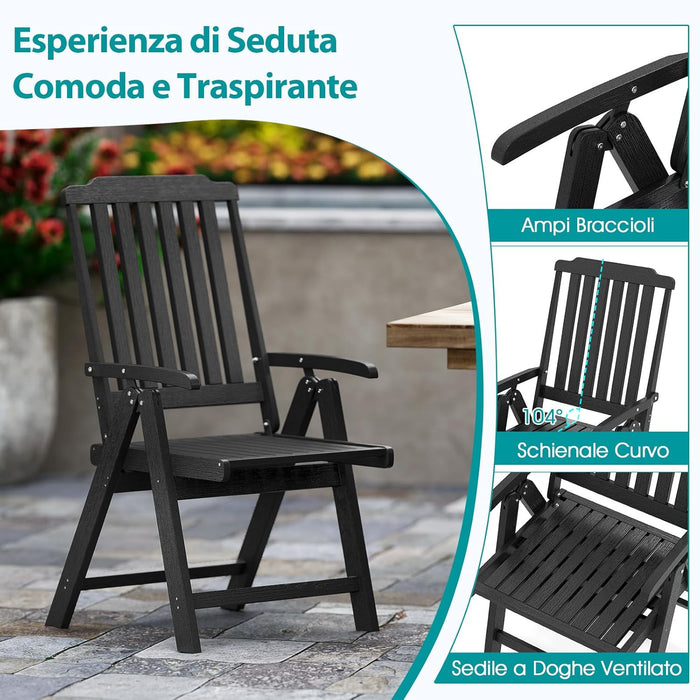 Sedia Esterno Pieghevole, Sedia Ergonomica in HDPE con Braccioli, Schienale Curvo e Seduta a Doghe, Poltrona Pranzo per Giardino Balcone Patio, Portata 150 kg (Nero)